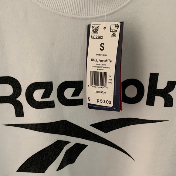 Women’s Reebok White Sweatshirt with Black Logo. Sz S NWT - Picture 2 of 7